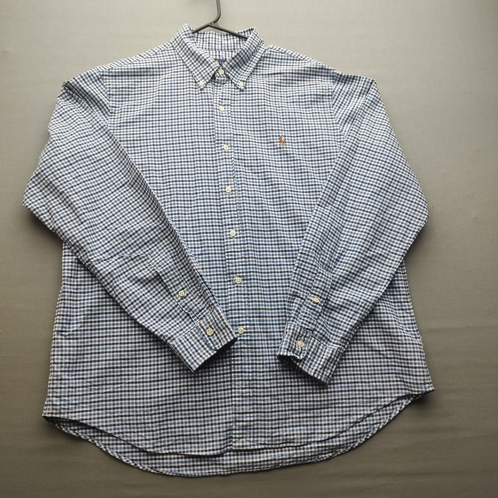 Ralph Lauren‎ Shirt Men's XL Blue Plaid Cotton Button Up Pony Logo Long Sleeve